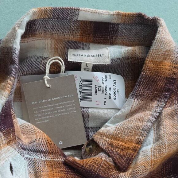 Thread & Supply Women's Sz Large Orange Burgundy Plaid Raw Hem Button Dn Flannel - Picture 4 of 6